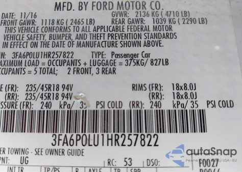 2017 Ford Fusion Hybrid Se z USA, uszkodzony, nr VIN 3FA6P0LU1HR257822